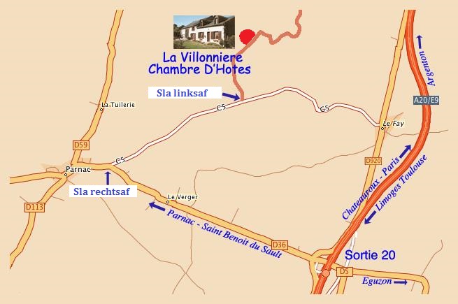 Routekaart vanaf A20 naar La Villonniere